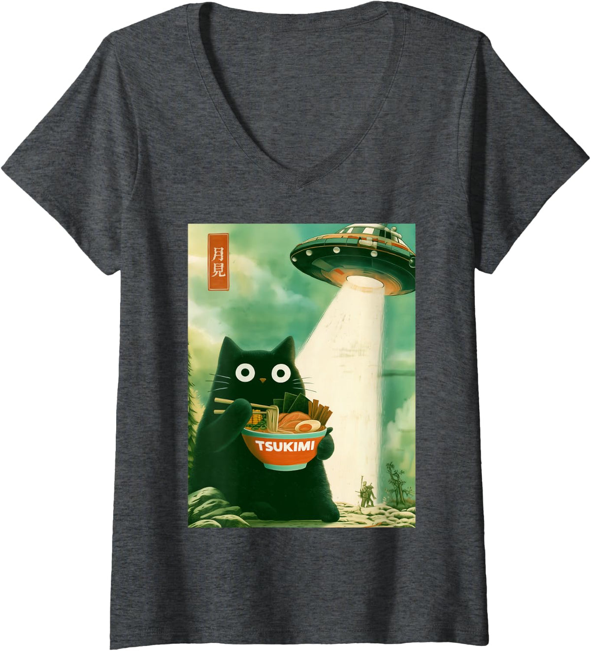Women's Cute Funny Japanese Cat Eating Ramen Noodles UFO Abduction V-Neck T-Shirt - Dark Heather Grey