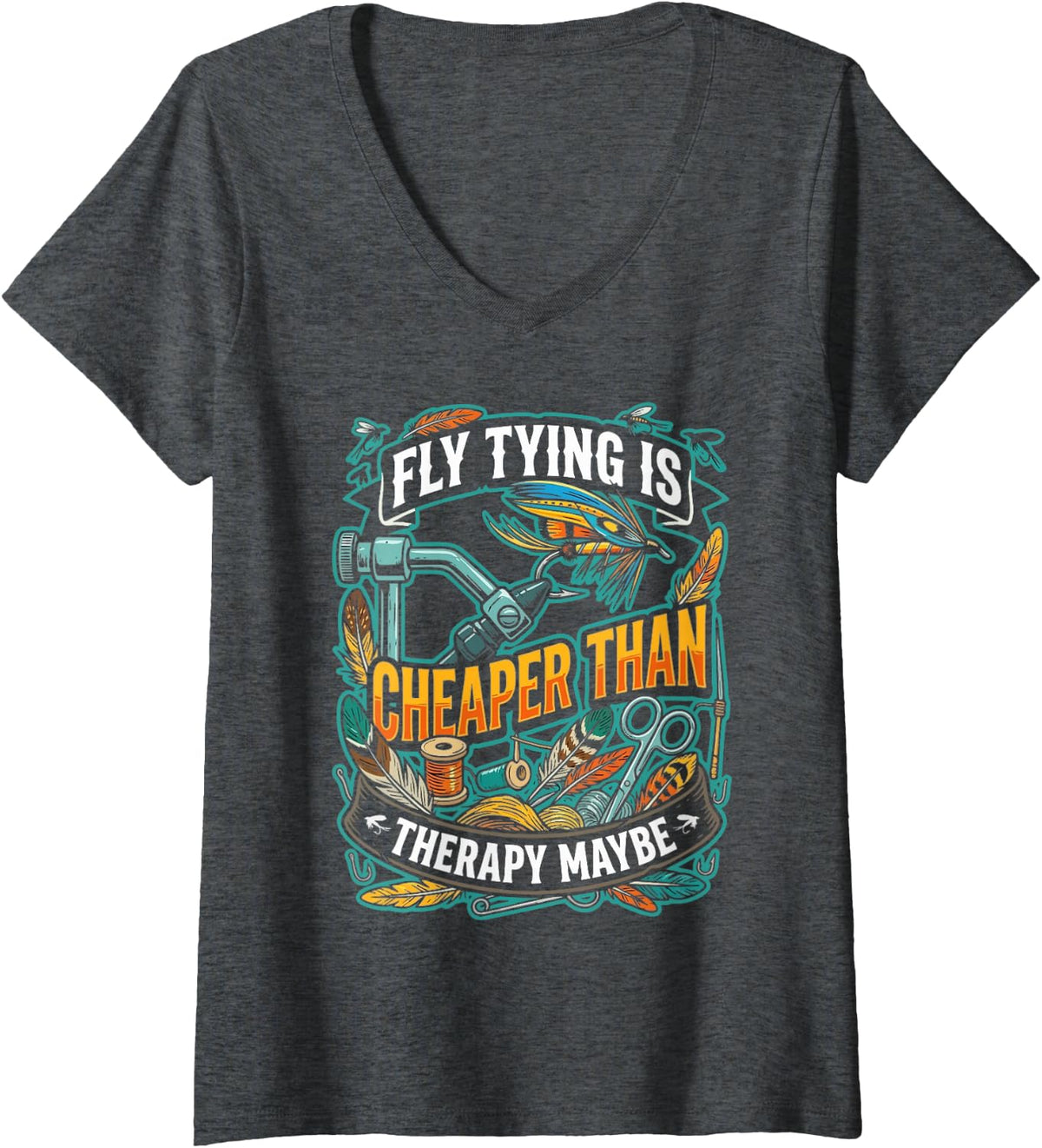 Women's Artificial Fly Tying Fly Fishing Reel Trout Flies V-Neck T-Shirt - Dark Heather Grey