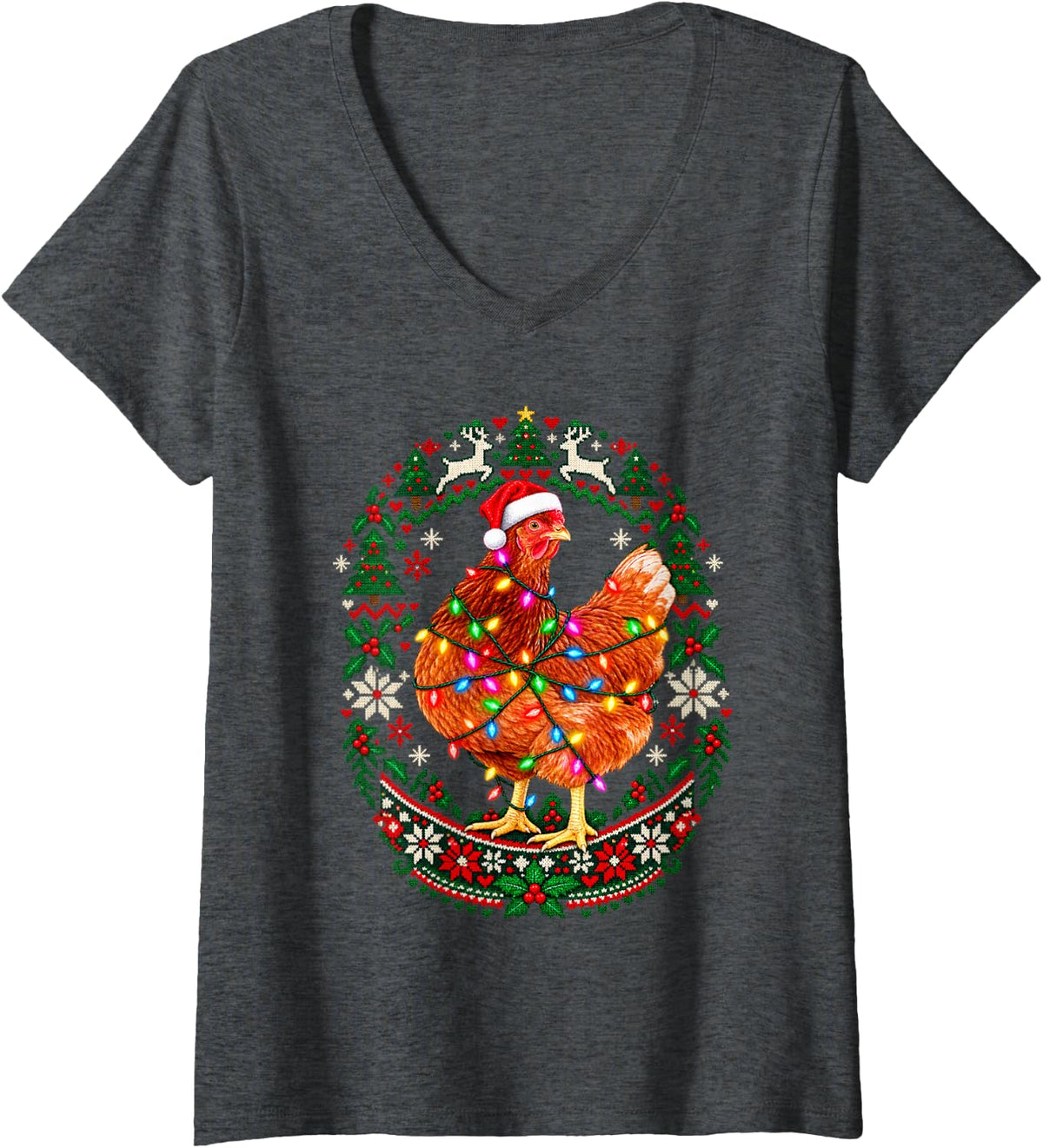 Women's Christmas Chicken Curious Santa Hat Snowflake Knit Medallion V-Neck T-Shirt - Dark Heather Grey