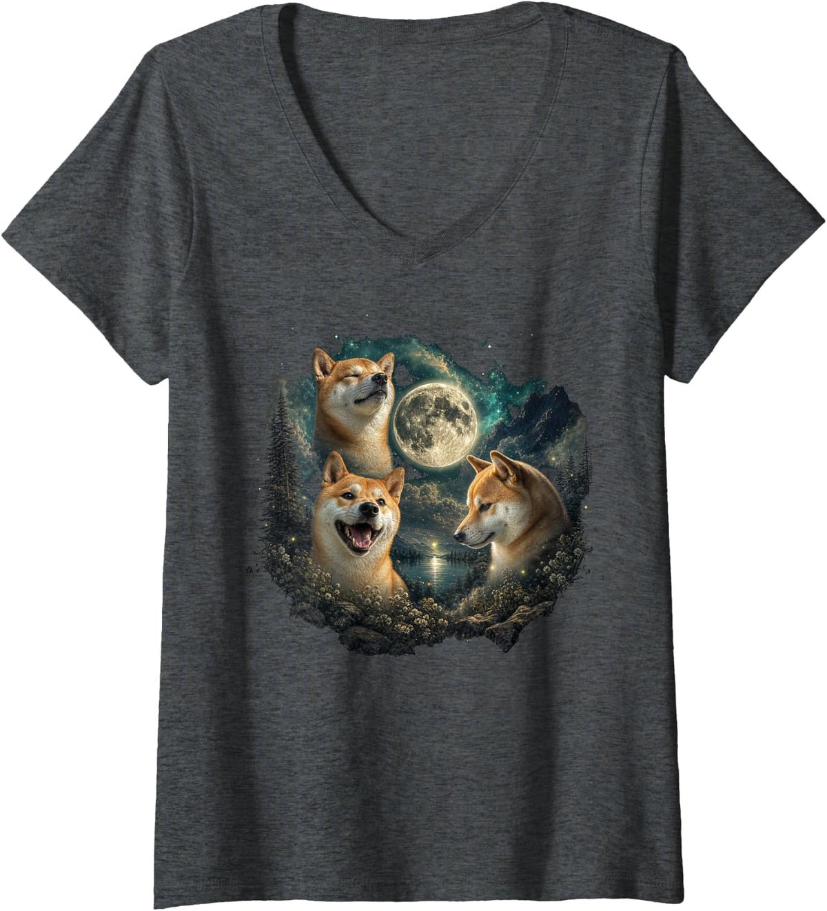 Women's Shiba Inu Faces with Full Moon and Stars V-Neck T-Shirt - Dark Heather Grey