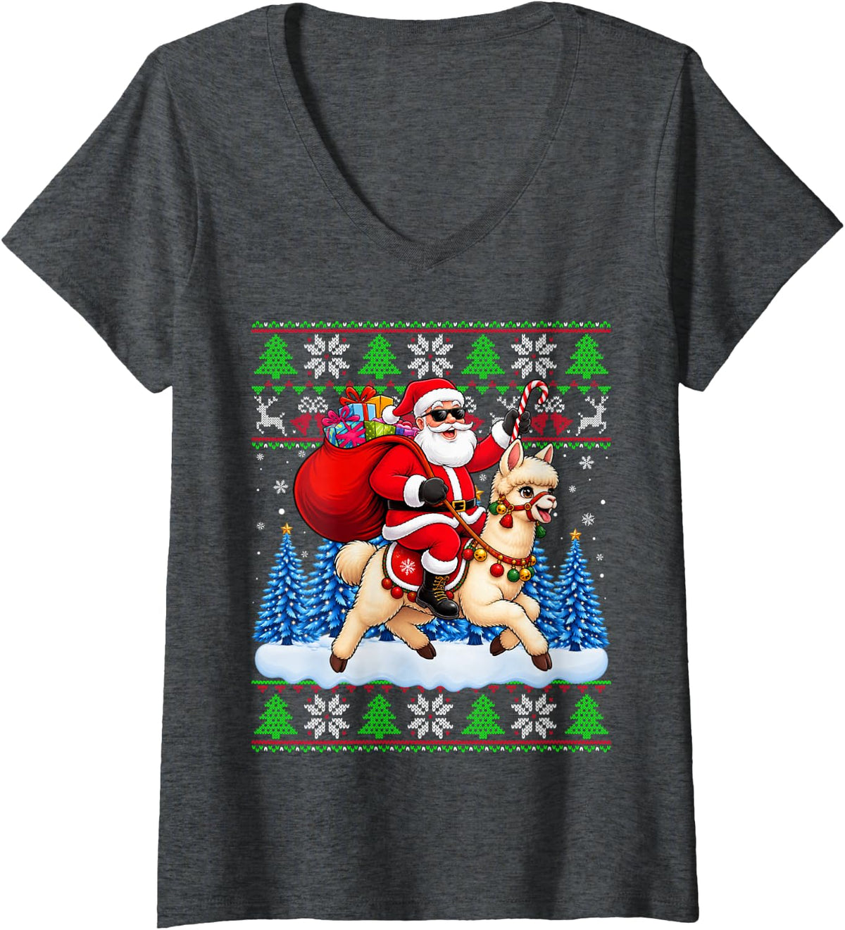 Women's Santa Riding Alpaca Animal Lovers Kids Boys Girls Xmas V-Neck T-Shirt - Dark Heather Grey