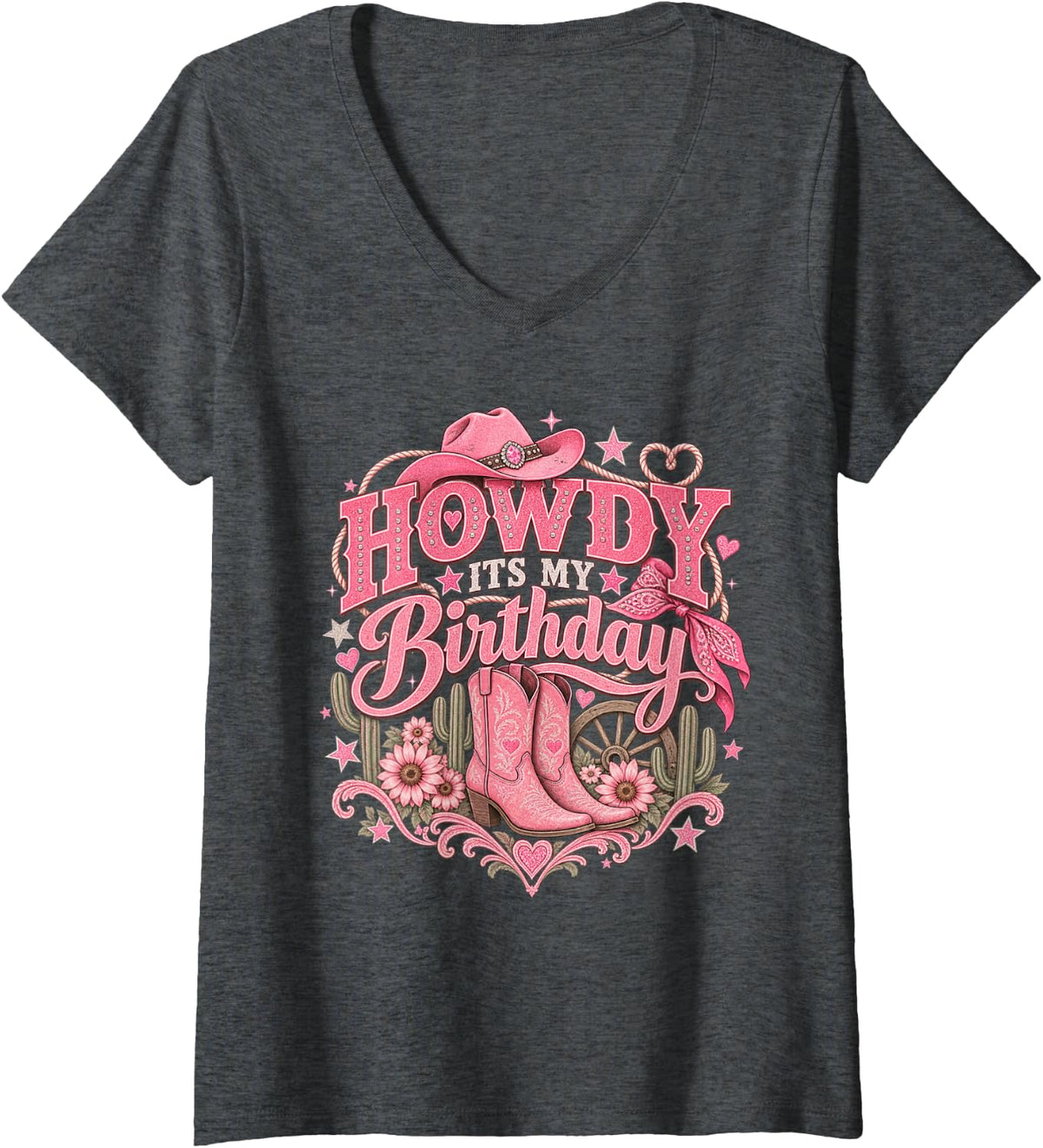 Women's Howdy Its My Birthday Cowgirl Western Birthday Rodeo V-Neck T-Shirt - Dark Heather Grey
