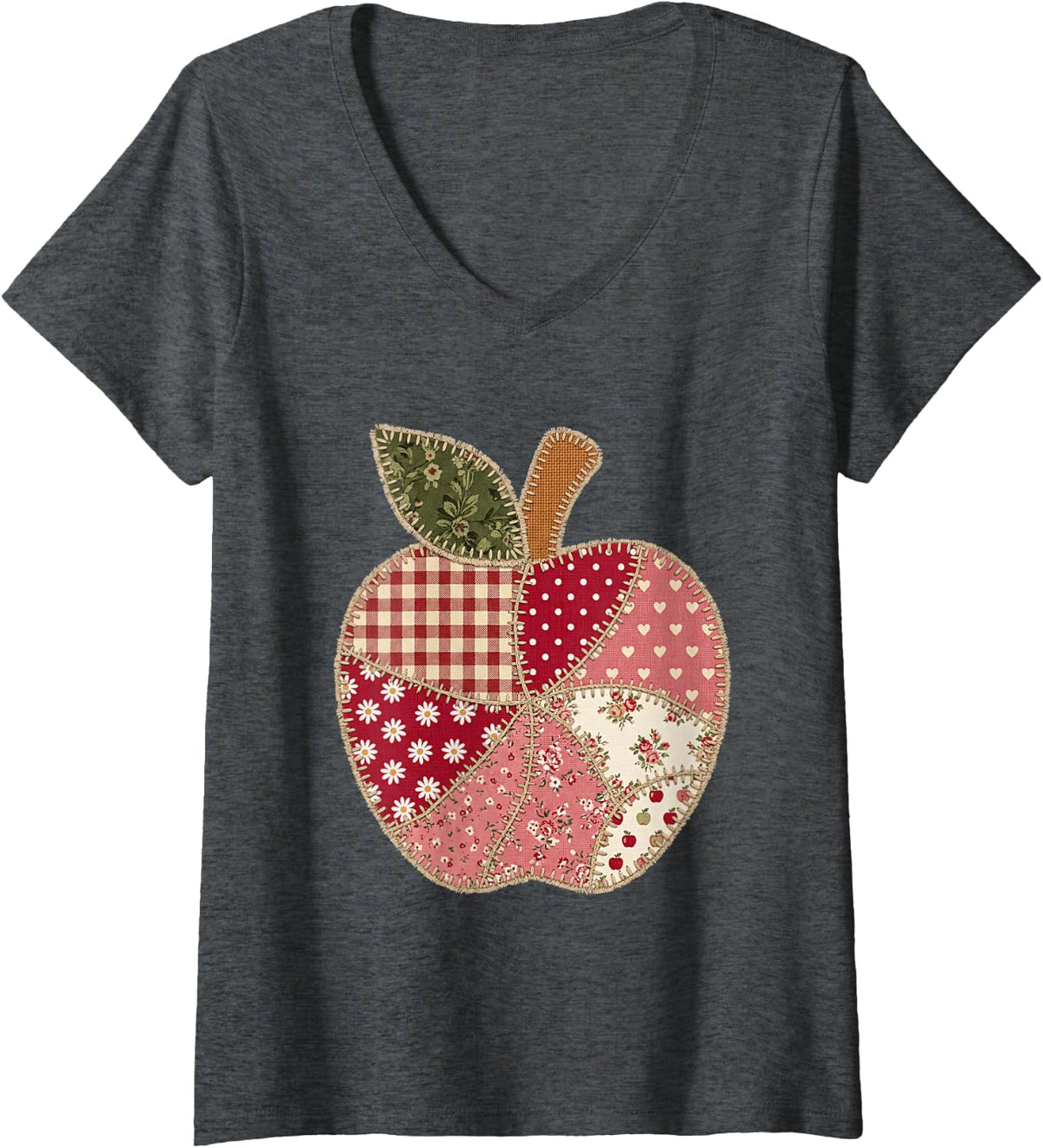 Women's Vintage Quilted Apple Cute Teacher Back to School V-Neck T-Shirt - Dark Heather Grey