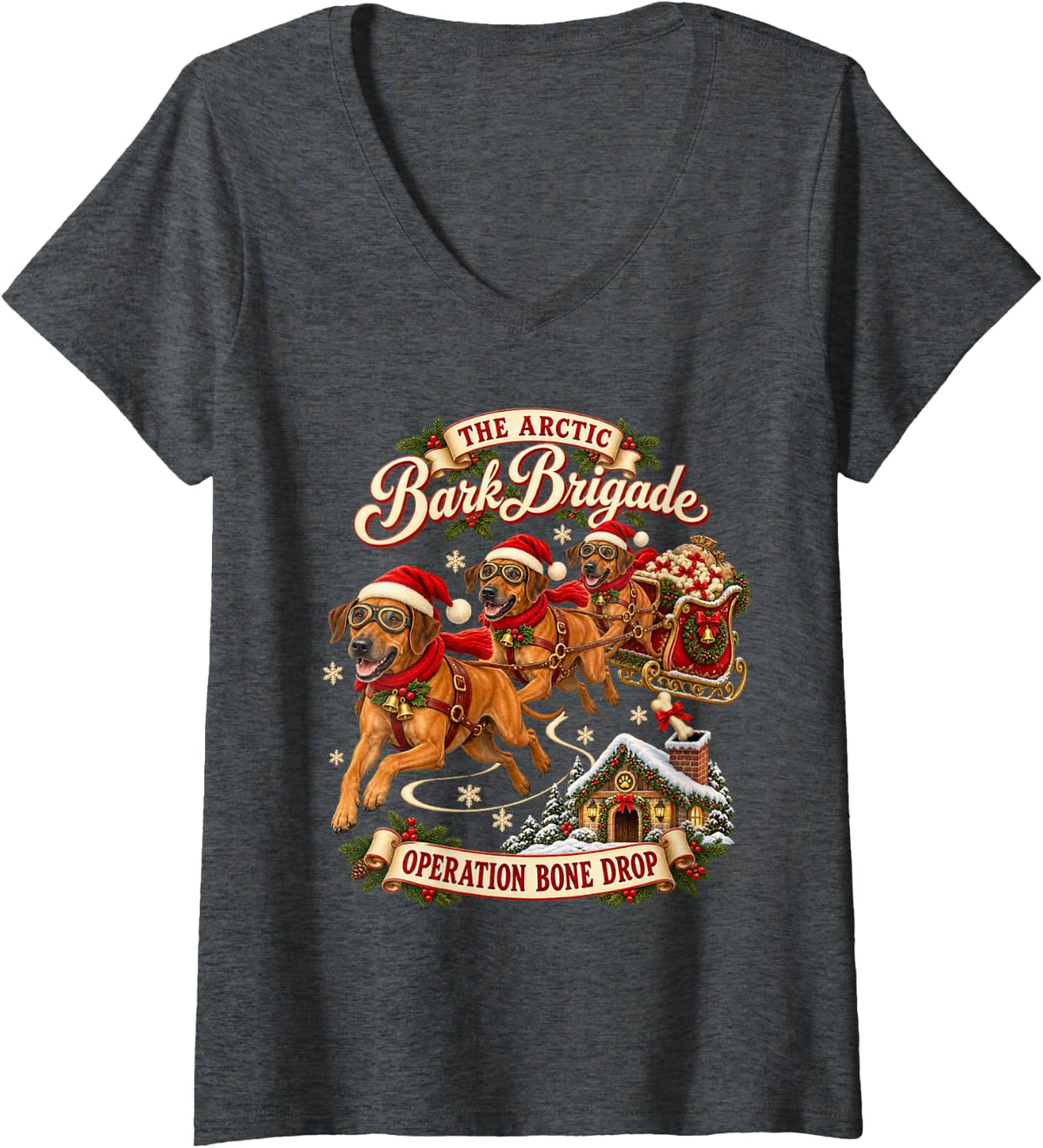 Women's Rhodesian Ridgeback Christmas Funny Xmas Sleigh Dog Family V-Neck T-Shirt - Dark Heather Grey