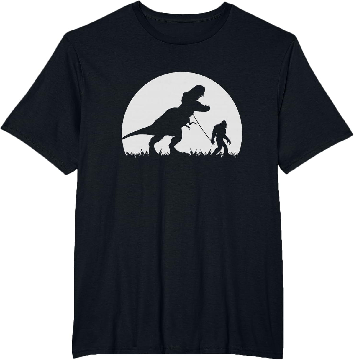 Bigfoot walking his pet T-rex dinosaur in the moonlight T-Shirt - Black