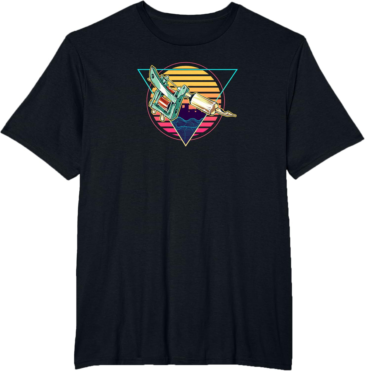 Retro Futuristic Synthwave Tattoo Gun Aesthetic T-Shirt - Black