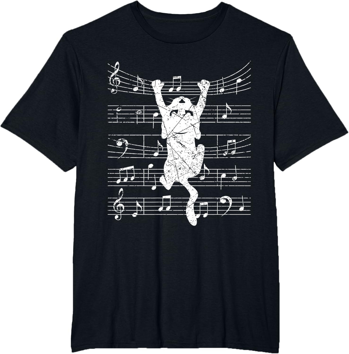 Cute Cat Music Notes Sheet Key for musicians T-Shirt - Black