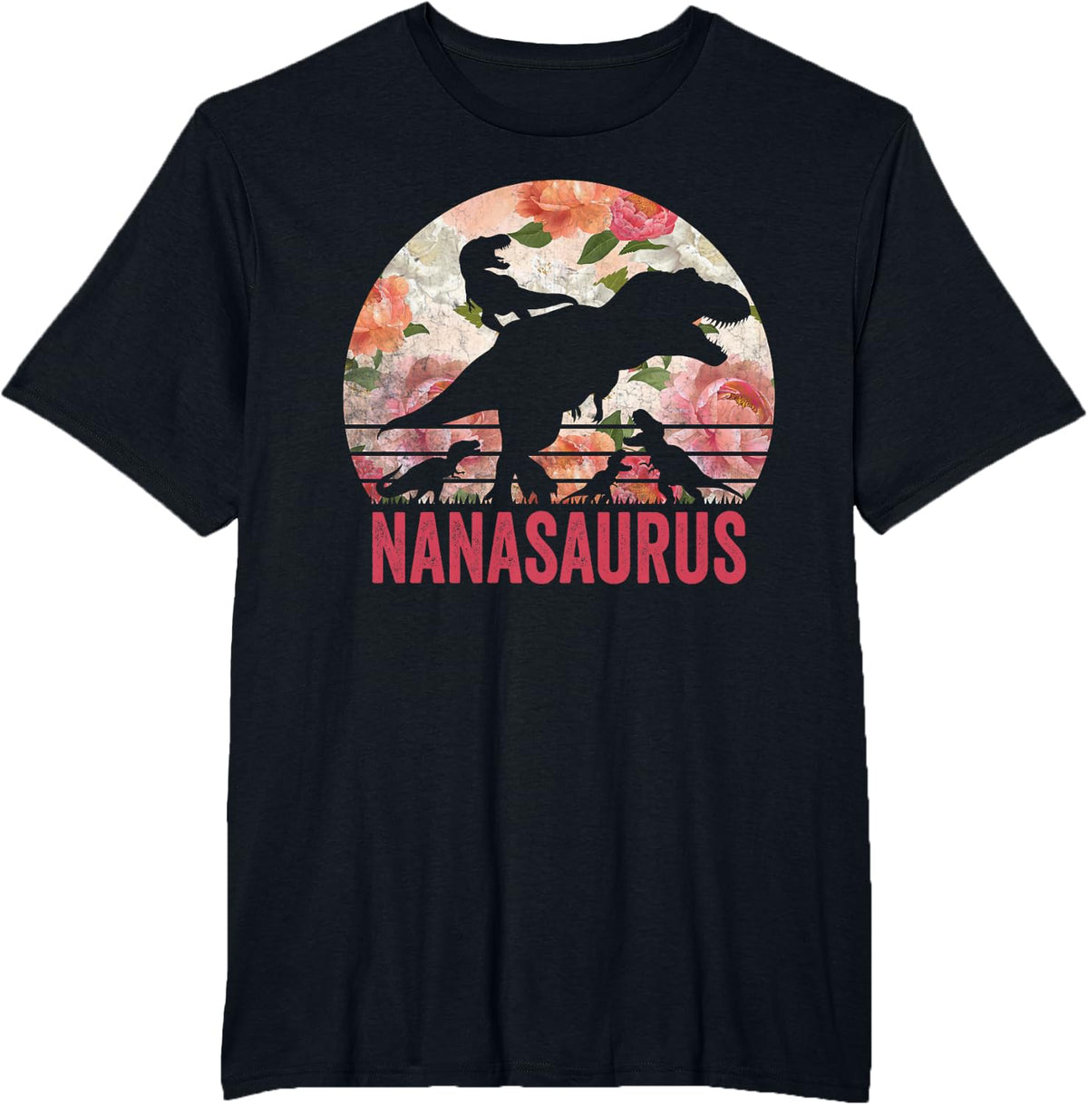 Nanasaurus - Dinosaur Flowers 4 Kids Grandma Gift T-Shirt - Black