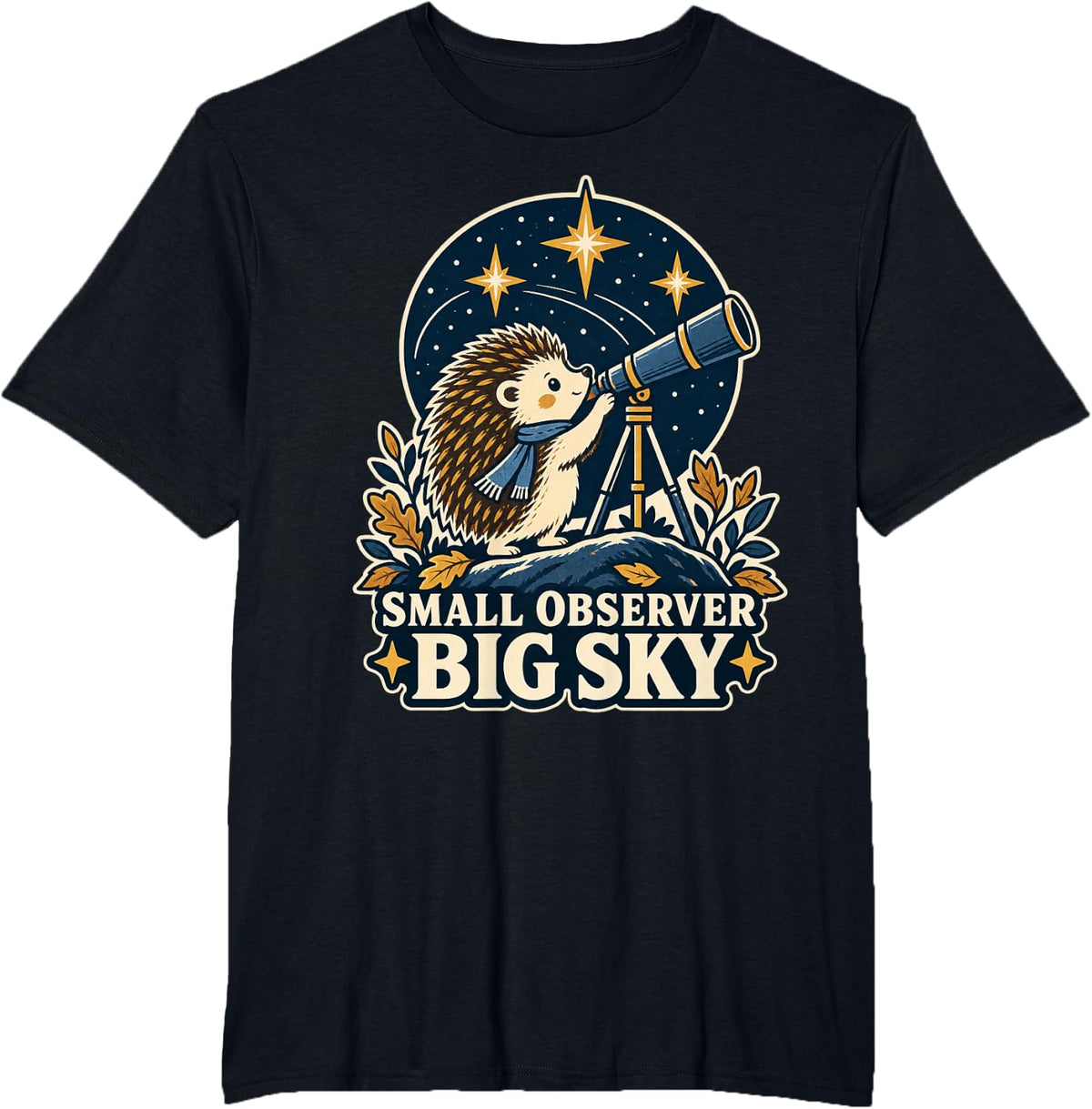 Hedgehog Stargazing Astronomy Lover Telescope Design T-Shirt - Black