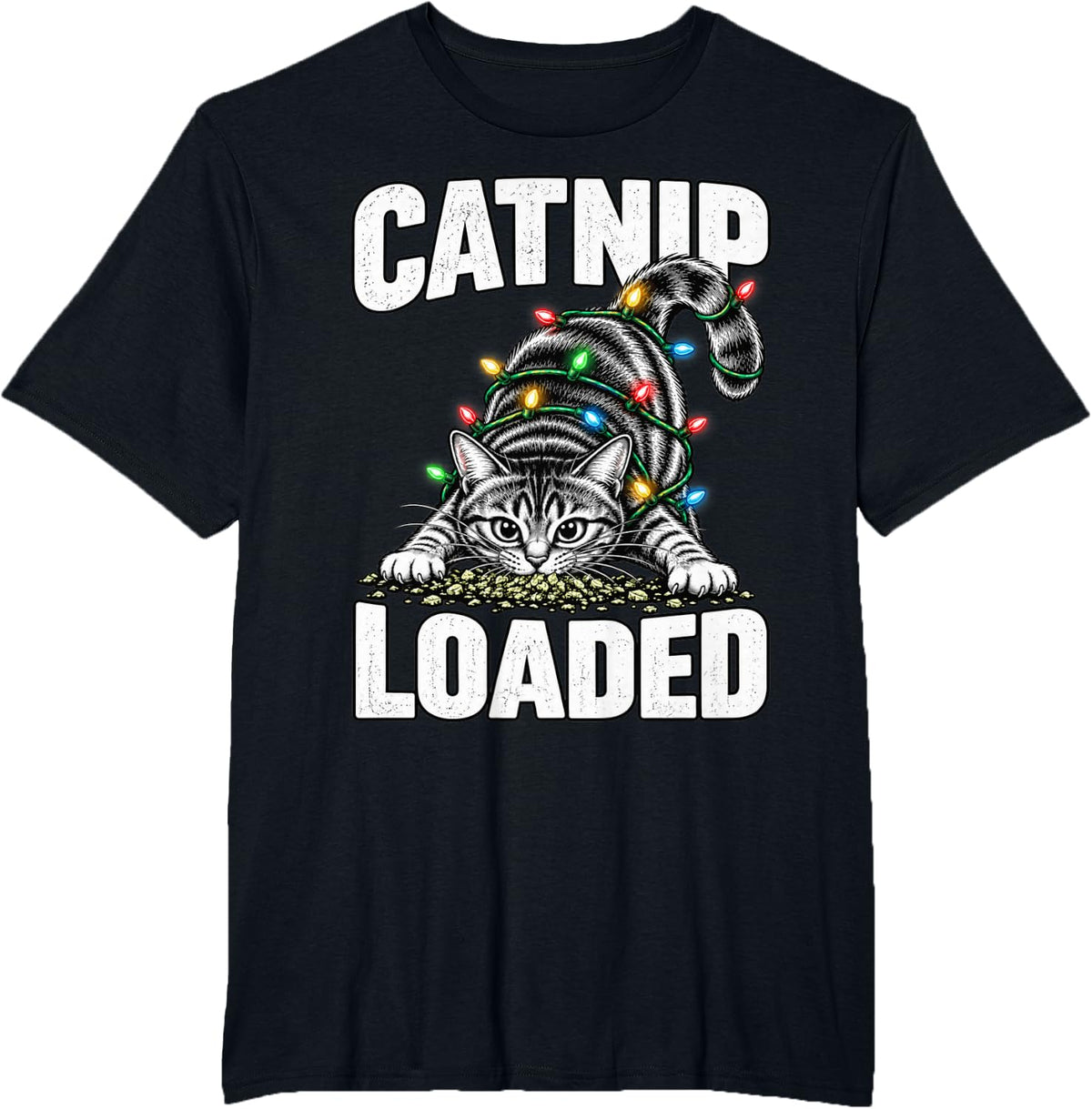 Christmas Catnip Loaded Cat with Holiday Lights Xmas Dog Pet T-Shirt - Black