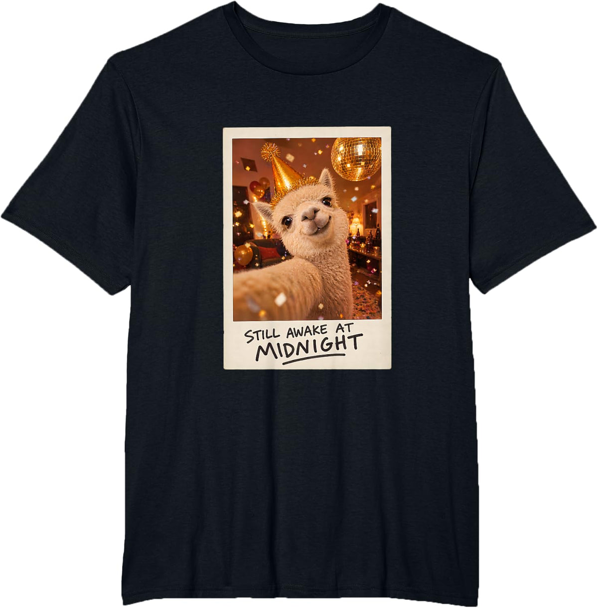 Still Awake At Midnight Alpaca Selfie New Year Funny T-Shirt - Black