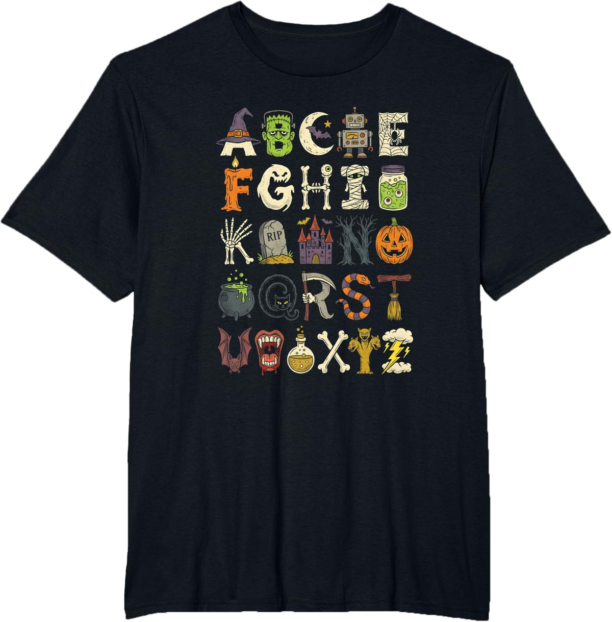 Cute Halloween Alphabet ABC Spooky Characters Fall T-Shirt - Black