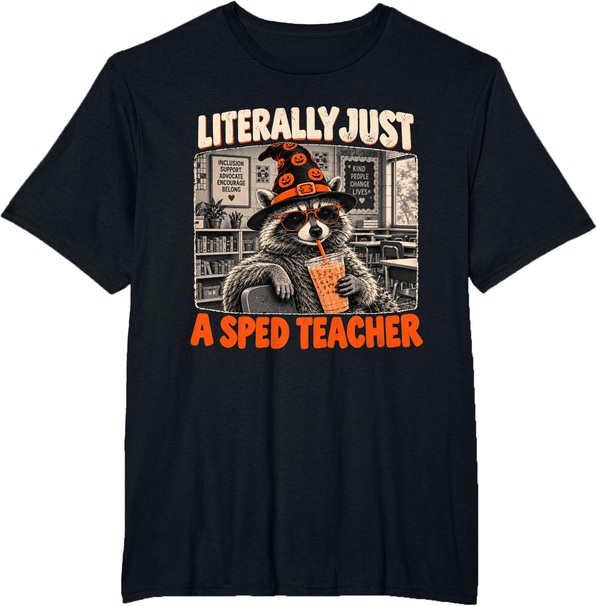 Literally Just A Sped Teacher SPED Raccoon Fall Halloween T-Shirt - Black