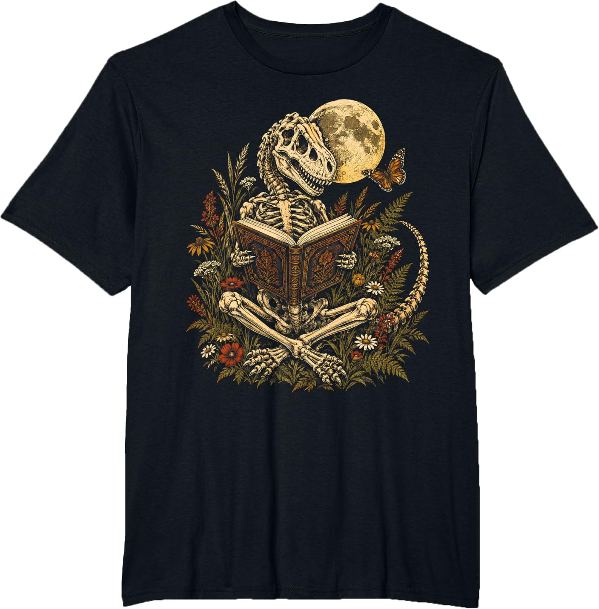 Dinosaurs Skeleton Reading Book Lover Librarian T-Shirt - Black