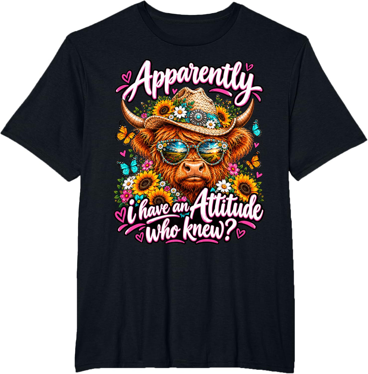Apparently I Have an Attitude Who Knew Sarcasm Highland Cow T-Shirt - Black