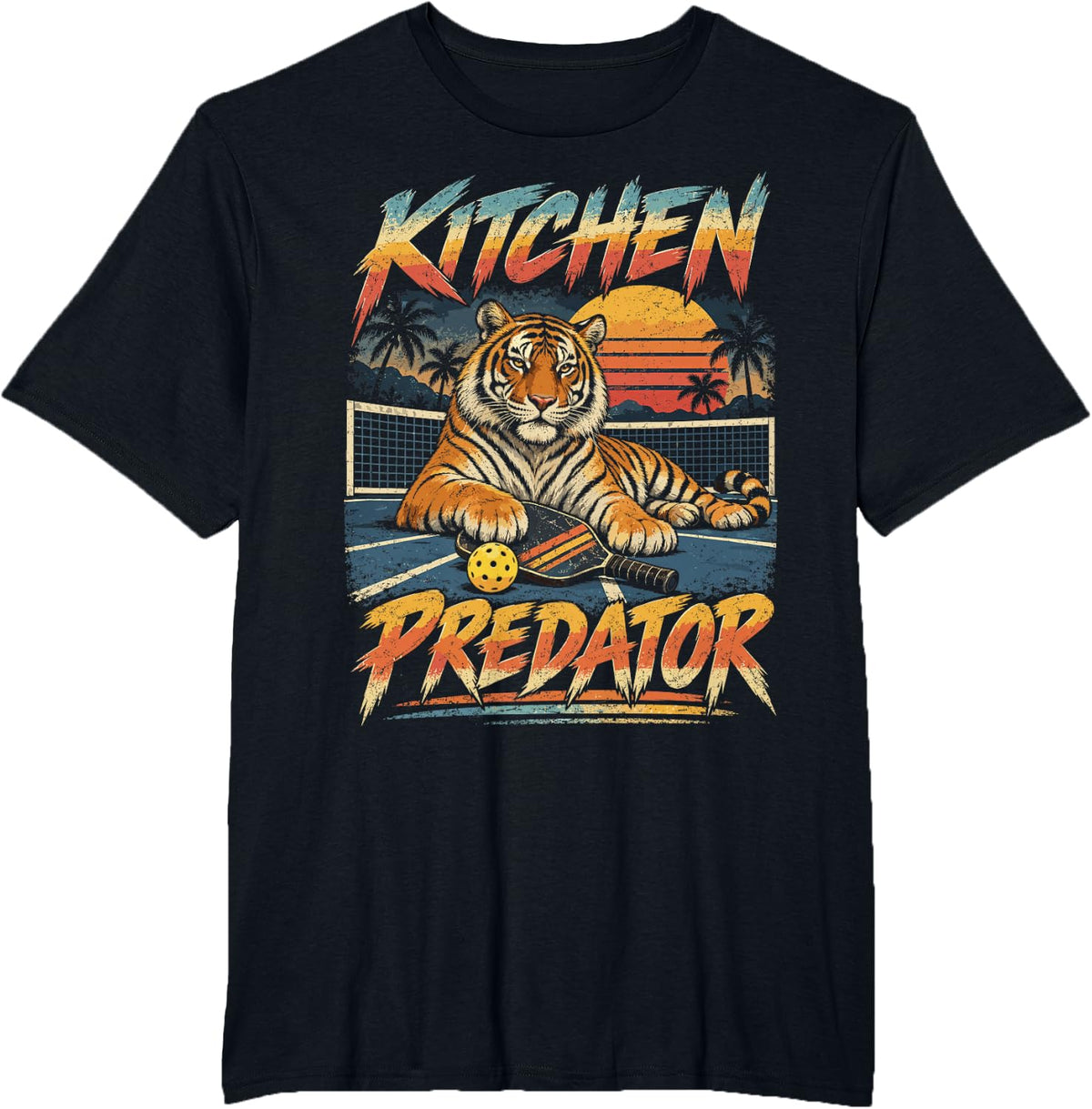 Funny Pickleball Player Tiger Retro 80s Synthwave Kitchen T-Shirt - Black