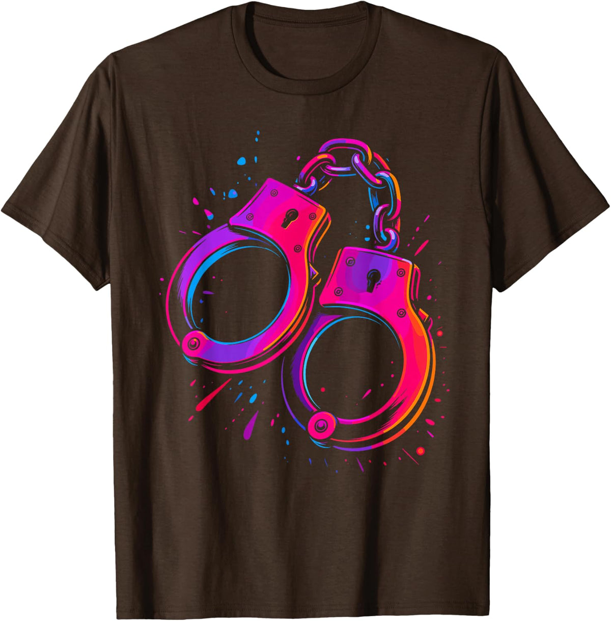 Retro Synthwave Handcuffs Cyberpunk Street Art T-Shirt - Brown