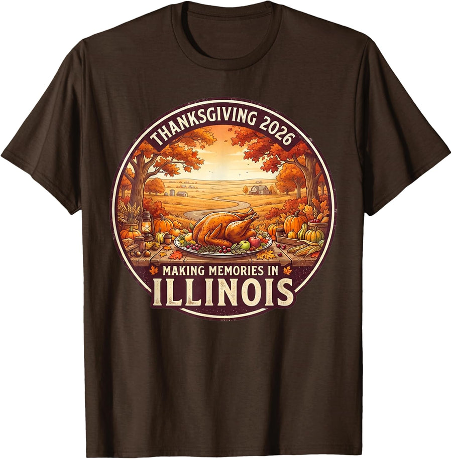 Illinois Thanksgiving 2026 Family Vacation Reunion Holiday T-Shirt - Brown
