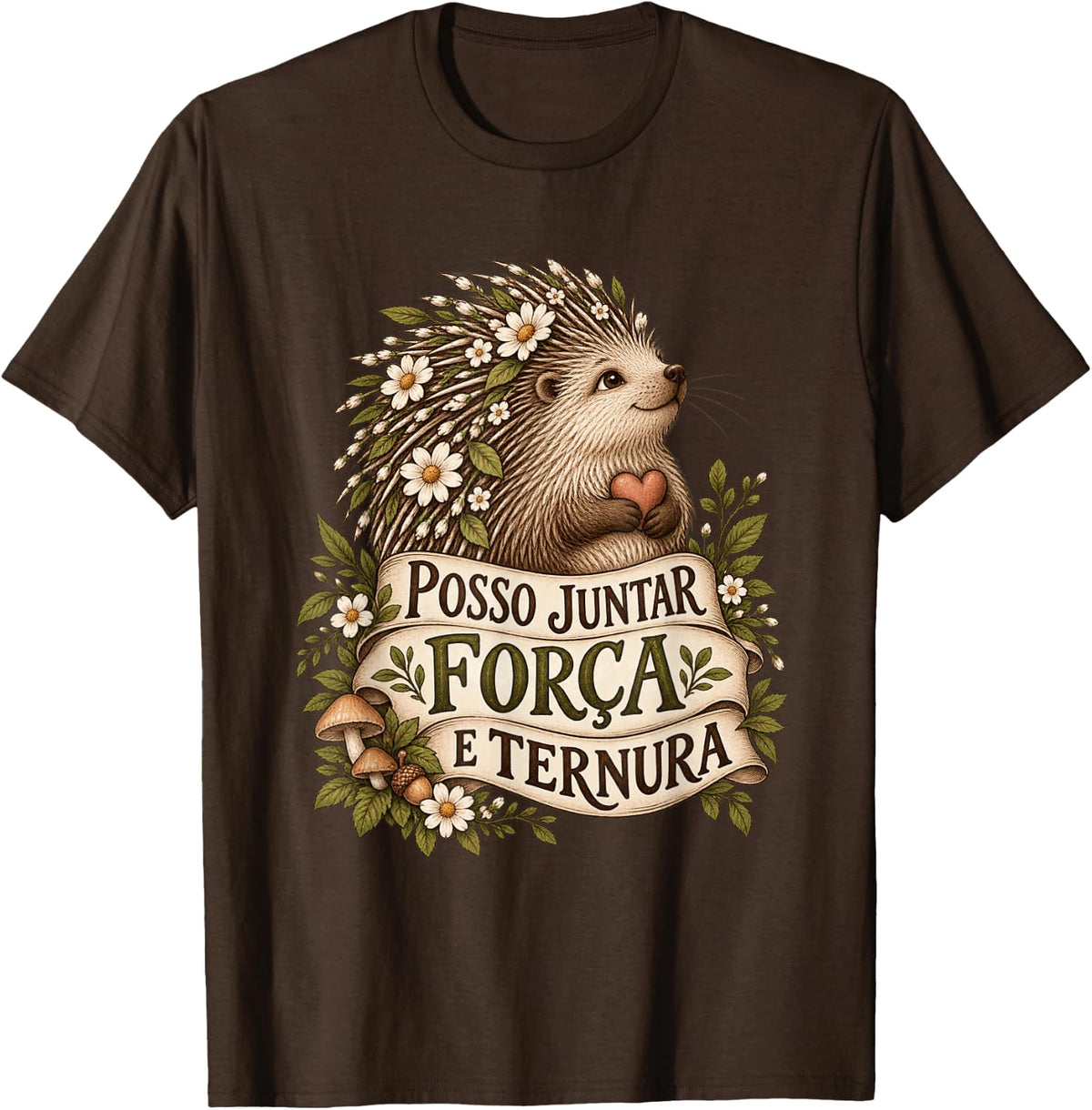 Hedgehog with Heart Portuguese Saying T-Shirt - Brown