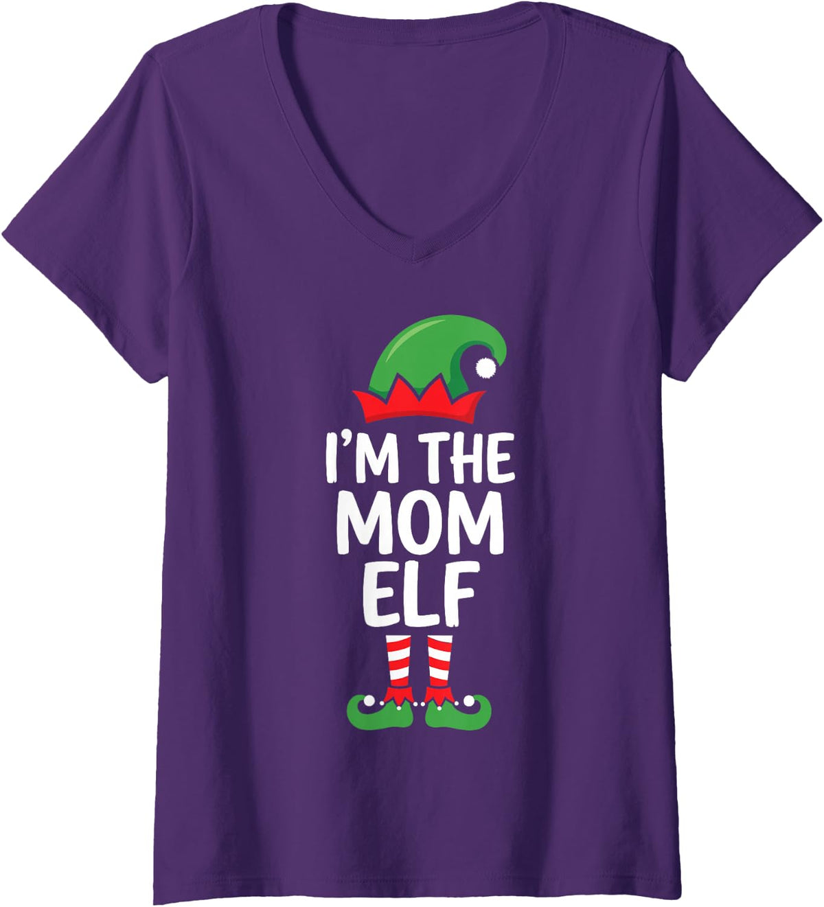 Women's I'm the Mom Elf Ugly Christmas Party Funny Family Matching V-Neck T-Shirt - Purple
