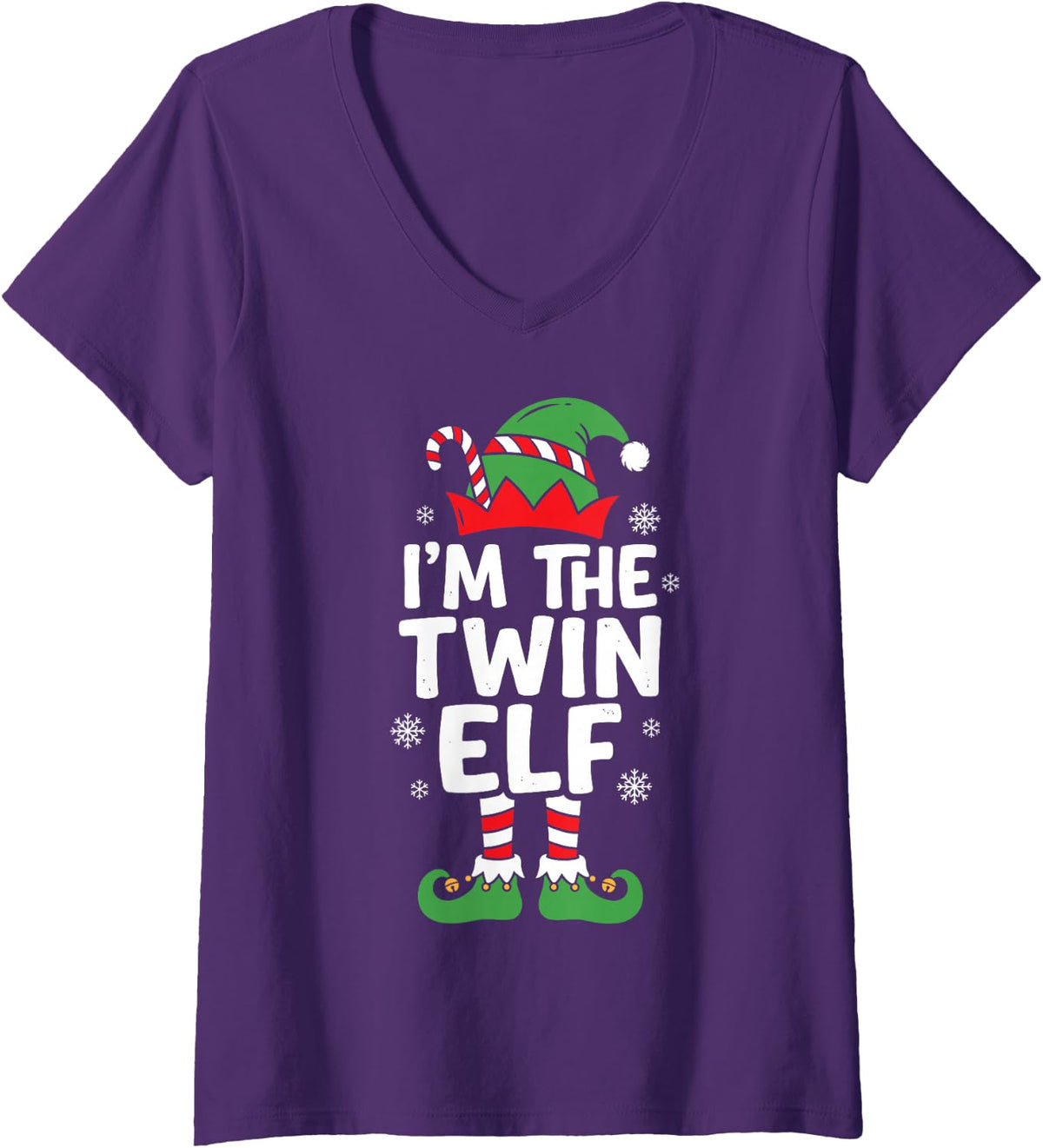 Women's I'm the Twin Elf Cute Christmas Pajama Party Family Group V-Neck T-Shirt - Purple