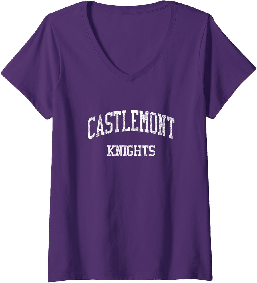 Womens Castlemont High School HS Oakland CA Vintage Sports V-Neck T-Shirt - Purple