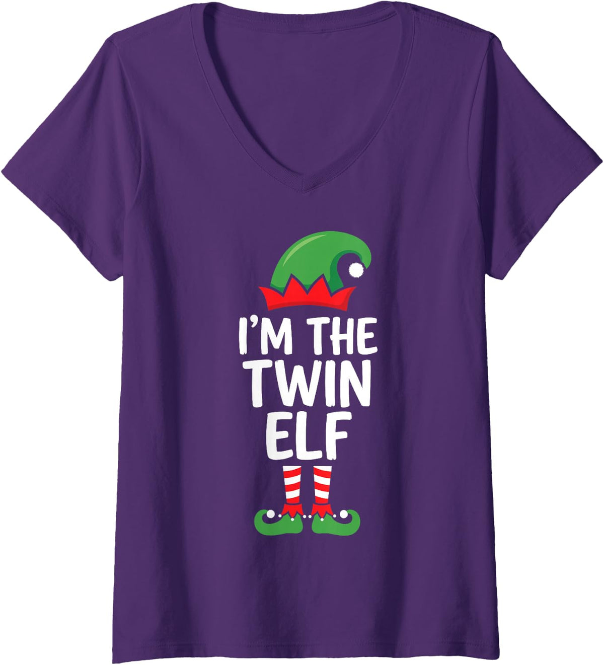 Women's I'm the Twin Elf Ugly Christmas Party Funny Family Matching V-Neck T-Shirt - Purple