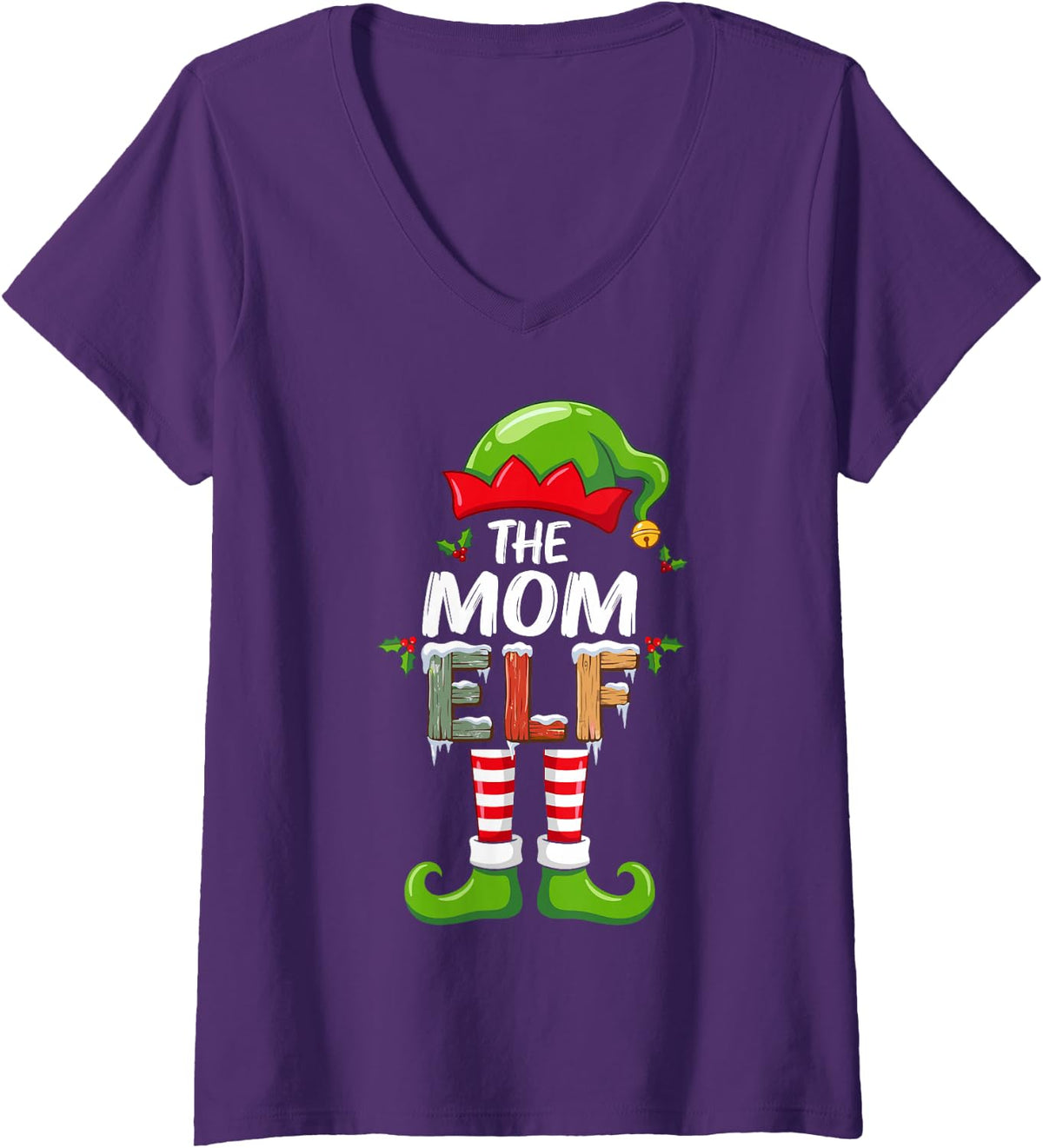 Women's The Mom Elf Funny Christmas Morning Family Matching Crew V-Neck T-Shirt - Purple