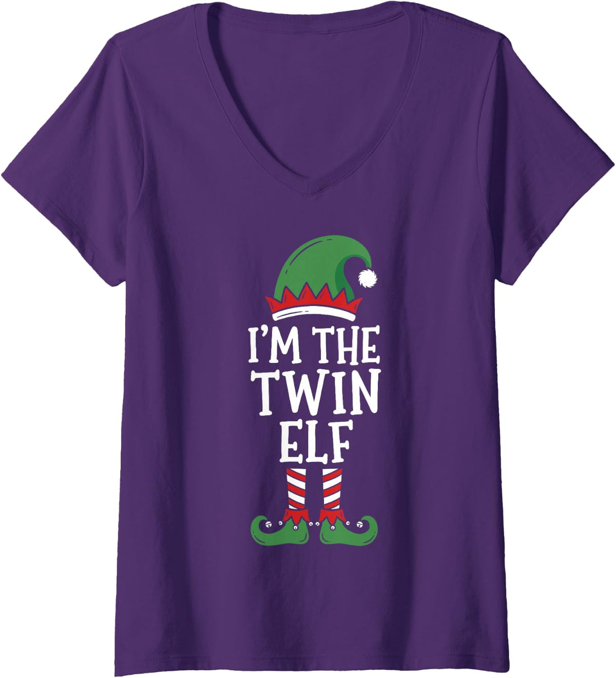 Women's I'm the Twin Elf Matching Family Christmas 2026 Funny Crew V-Neck T-Shirt - Purple