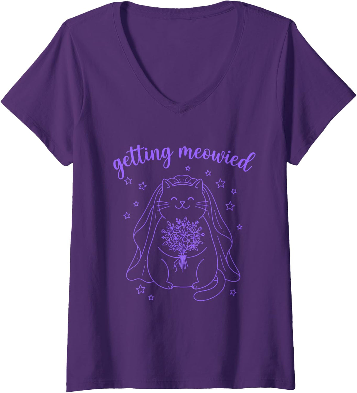 Women's Getting Meowied Funny Cat Wedding Bachelorette V-Neck T-Shirt - Purple