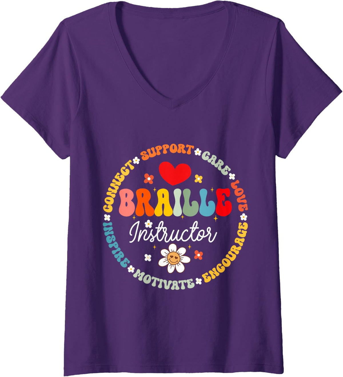 Women's Braille Instructor Teacher Language Appreciation Back School V-Neck T-Shirt - Purple