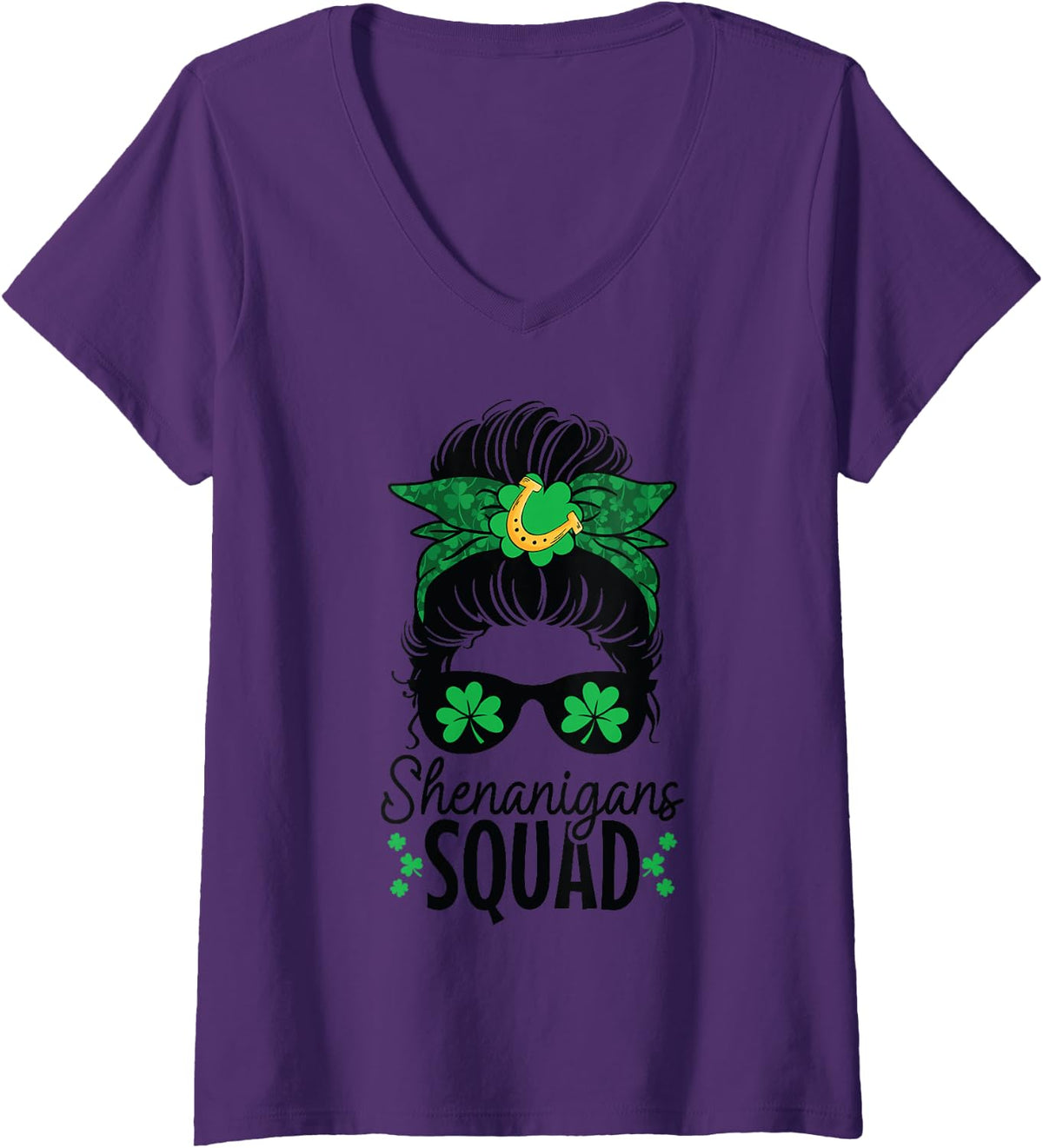 Women's Shenanigans Squad St Patrick's Day Women Girls Messy Bun V-Neck T-Shirt - Purple