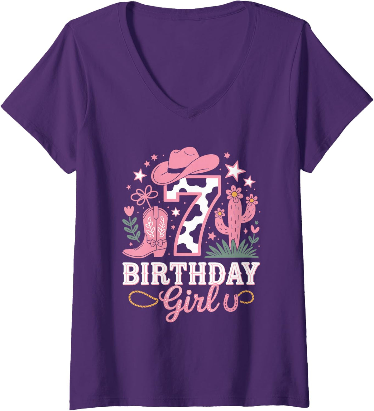Women's 7th Birthday Cowgirl Rodeo Boots Seven Years Old Western V-Neck T-Shirt - Purple