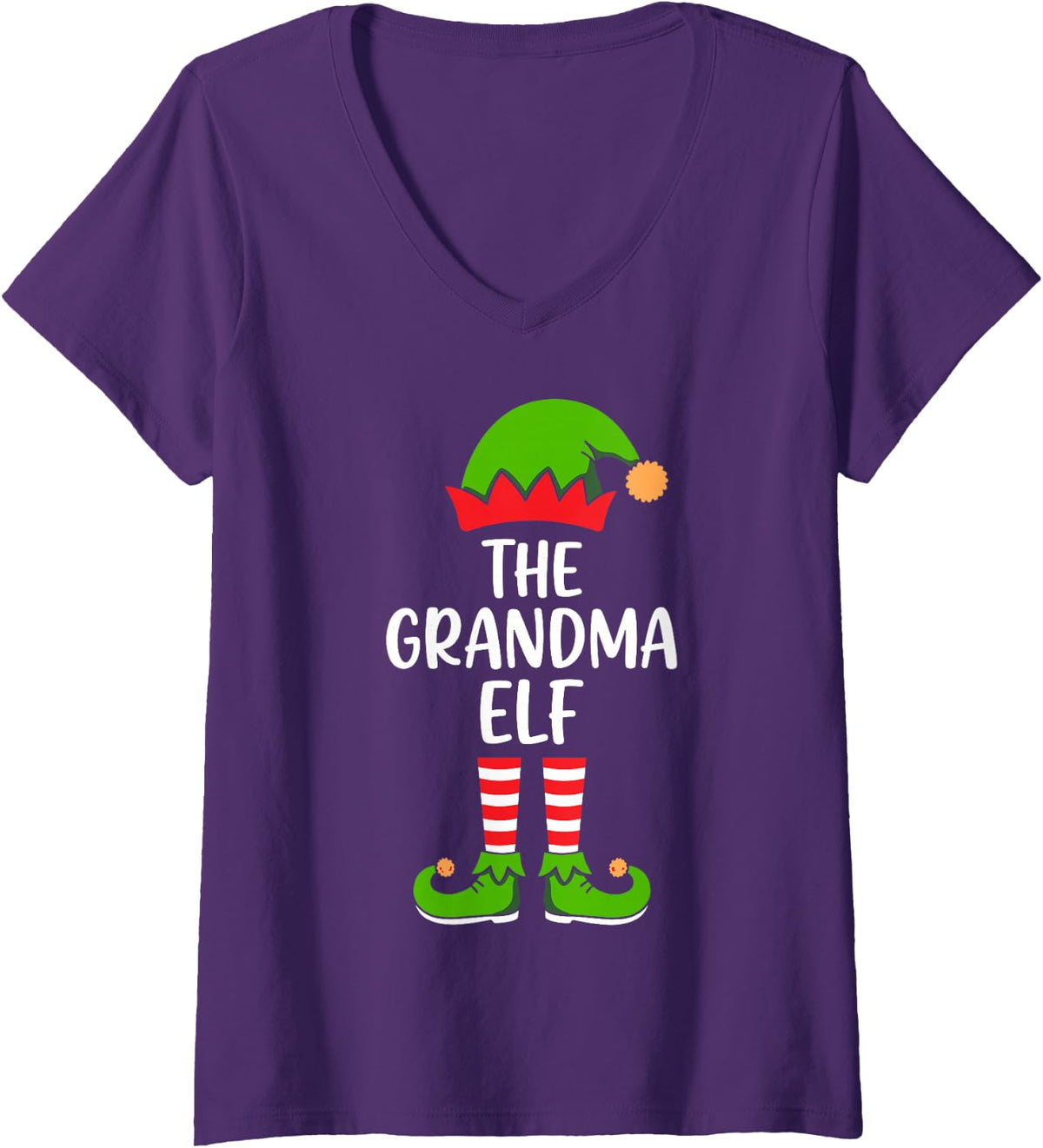 Women's The Grandma Elf Funny Santa's Helper Matching Christmas V-Neck T-Shirt - Purple