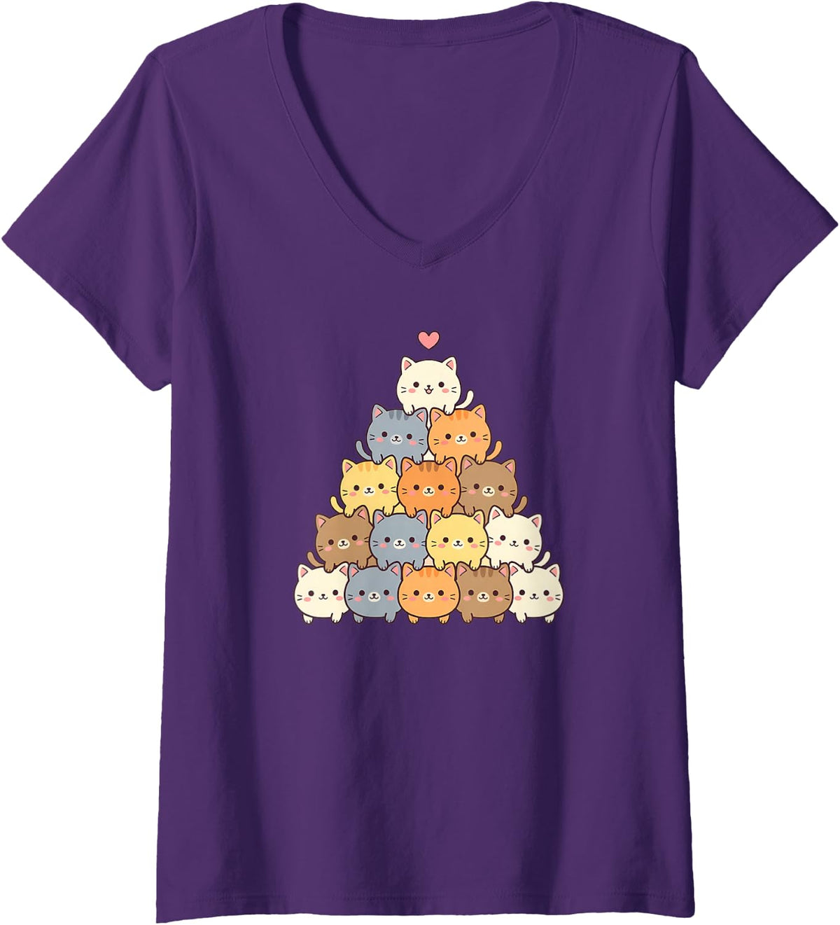 Women's Cute Kawaii Cats Stacked Kittens Japanese Anime Cat Lover V-Neck T-Shirt - Purple