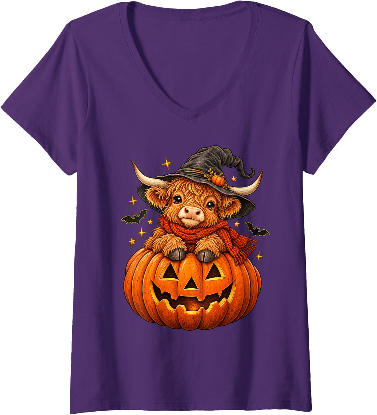 Women's Baby Highland Cow Halloween Witch Pumpkin - Cute Hairy Coo V-Neck T-Shirt - Purple