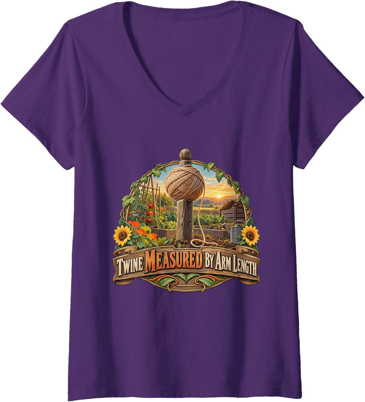 Women's Twine Measured By Arm Length Gardening Graphic V-Neck T-Shirt - Purple