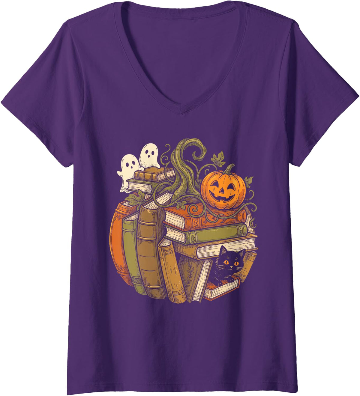 Women's Pumpkin Reading Book Lovers Teacher Librarian Halloween Fall V-Neck T-Shirt - Purple