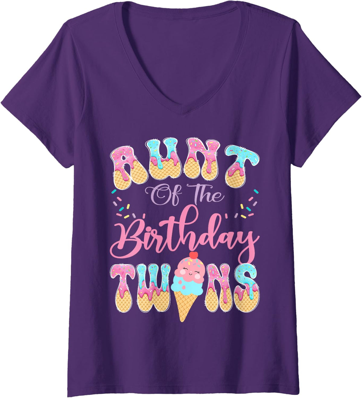 Women's Aunt of The Birthday Twins Sweet Ice Cream Drip Party V-Neck T-Shirt - Purple