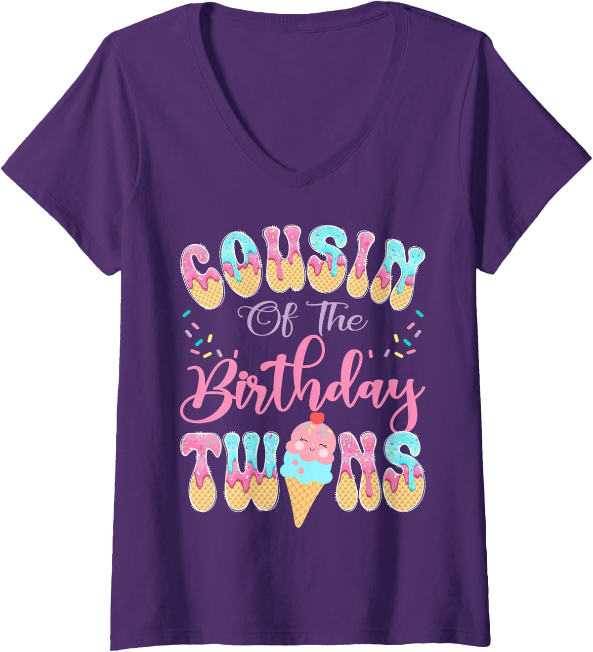 Women's Cousin of The Birthday Twins Sweet Ice Cream Drip Party V-Neck T-Shirt - Purple