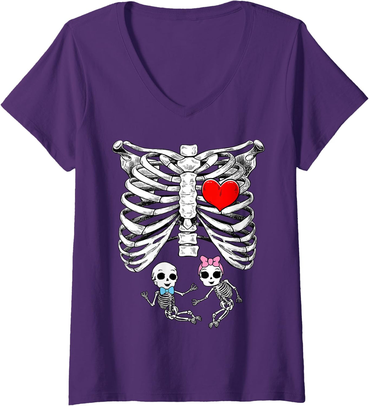 Women's Halloween Pregnancy Announcement Skeleton Girl Boy Twins V-Neck T-Shirt - Purple