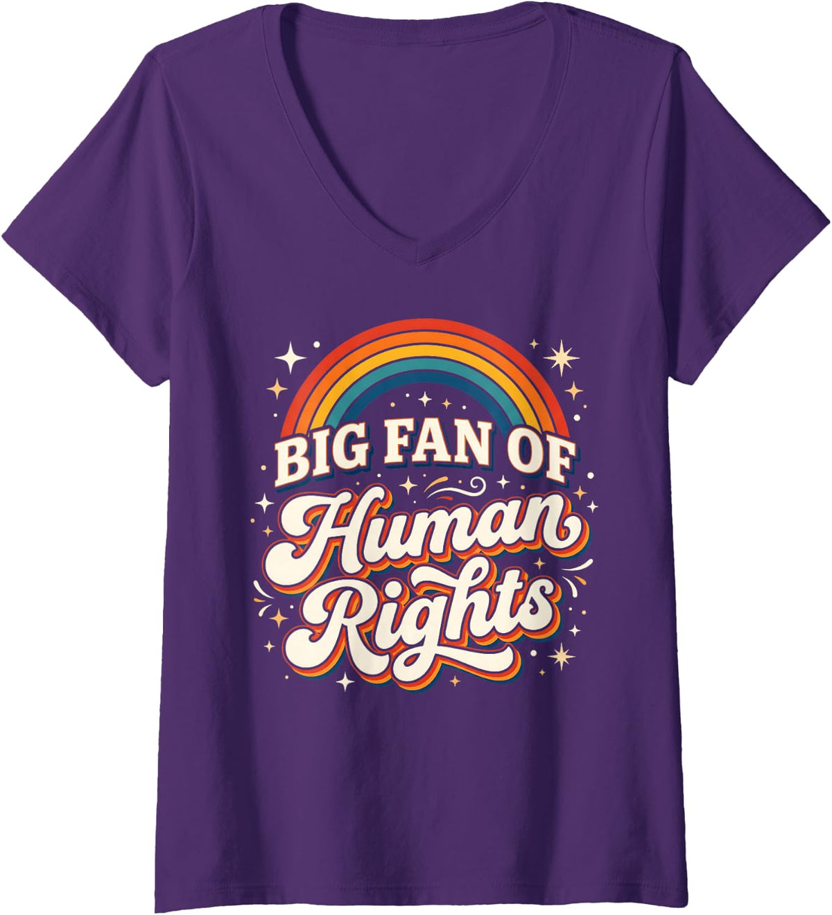 Women's Big Fan of Human Rights Retro Groovy Rainbow V-Neck T-Shirt - Purple