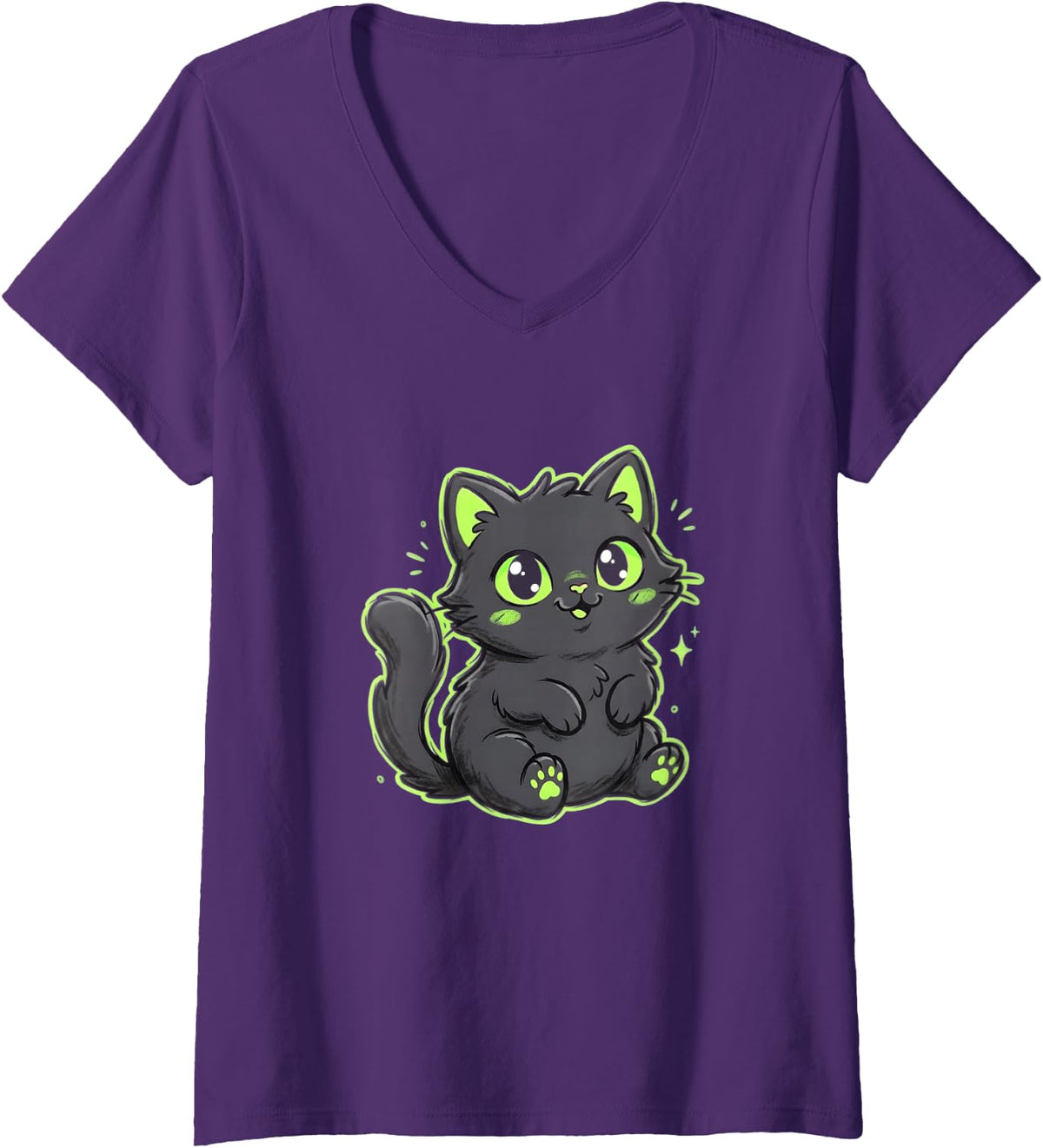 Women's Chubby Black Cat Kawaii Lime Eyes Kitten Art V-Neck T-Shirt - Purple