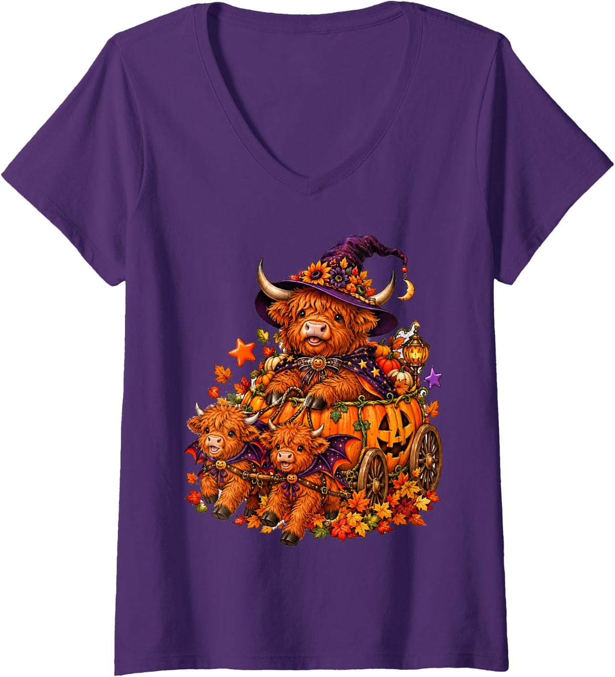 Women's Halloween Highland Cow Witch in Jack O Lantern Carriage V-Neck T-Shirt - Purple