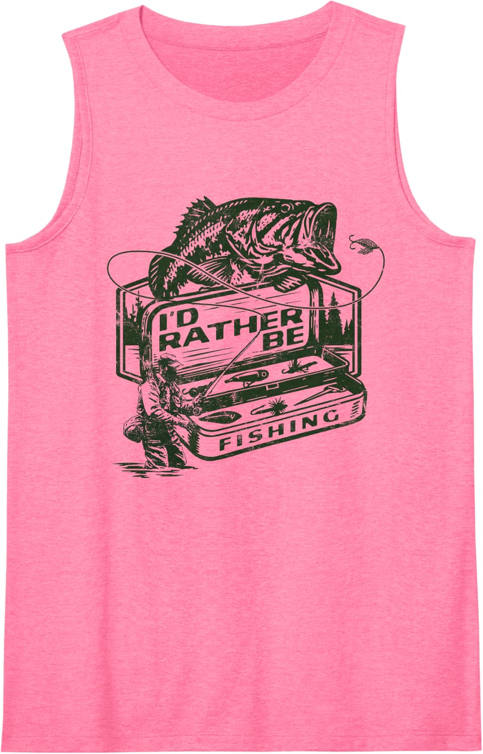 I'd Rather be Fishing Bass Fisher Distressed Sleeveless Tank Top - Pink