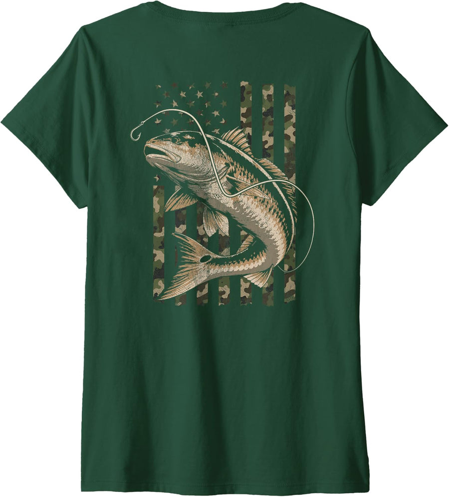 Women's Texas Redfish Fishing Distressed Camo Flag (Design on Back) V-Neck T-Shirt - Dark Green