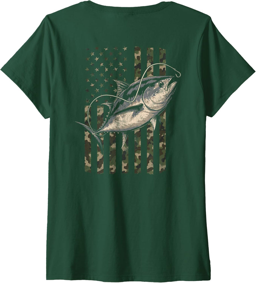 Women's Bluefin Tuna Fishing Distressed Camo Flag (Design on Back) V-Neck T-Shirt - Dark Green