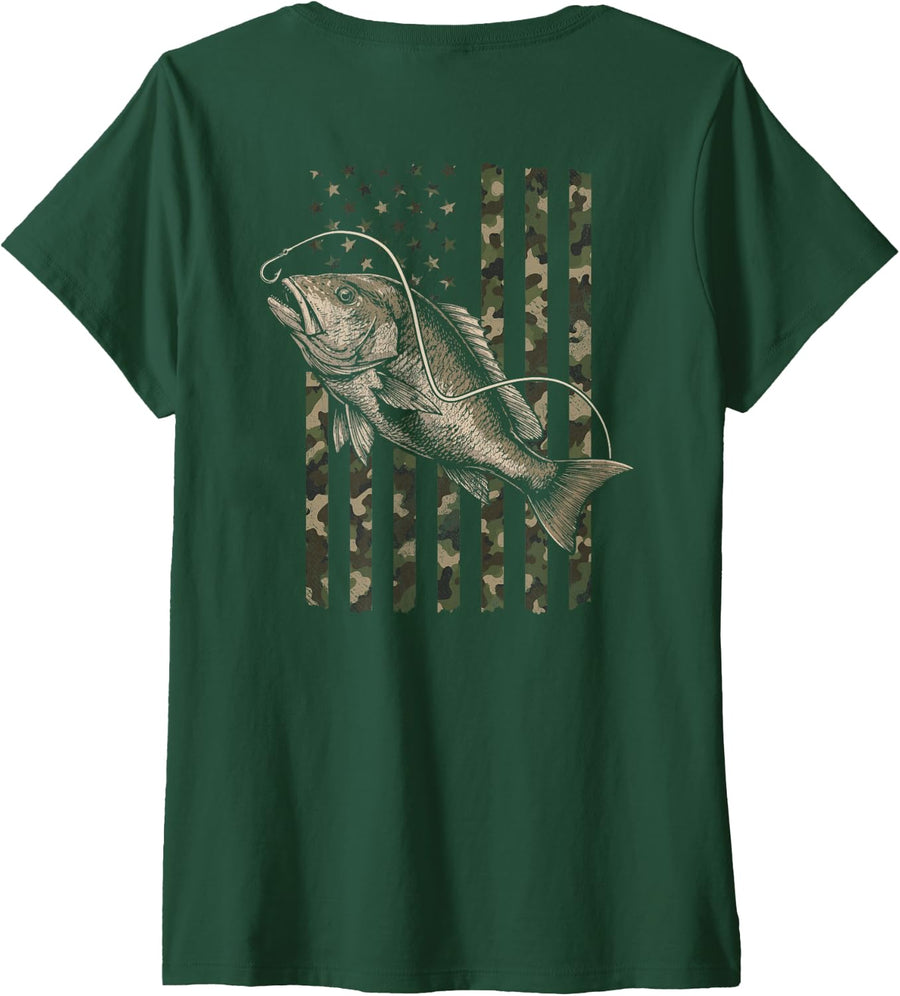 Women's Red Snapper Fishing Distressed Camo Flag (Design on Back) V-Neck T-Shirt - Dark Green