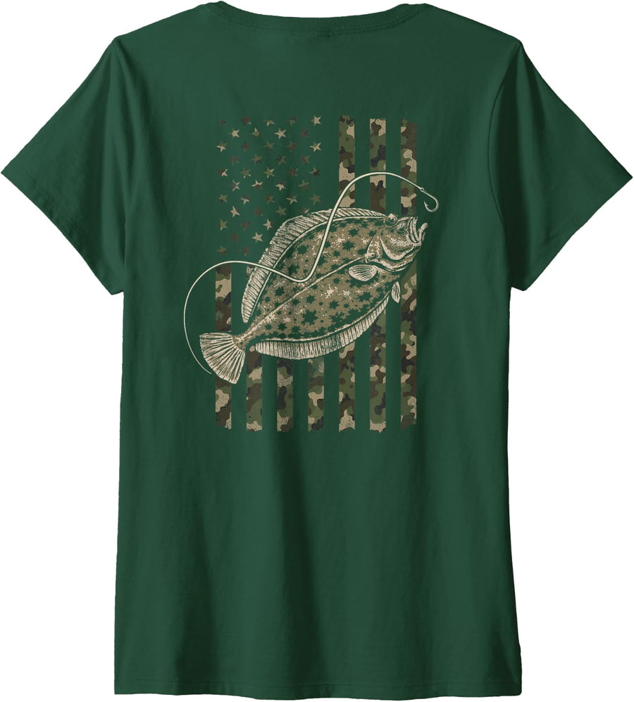 Women's Flounder Fishing Distressed Camo Flag (Design on Back) V-Neck T-Shirt - Dark Green
