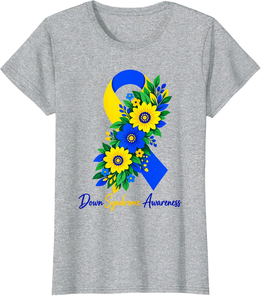 Down Syndrome Awareness Trisomy 21 Blue Yellow Floral Ribbon T-Shirt - Heather Grey